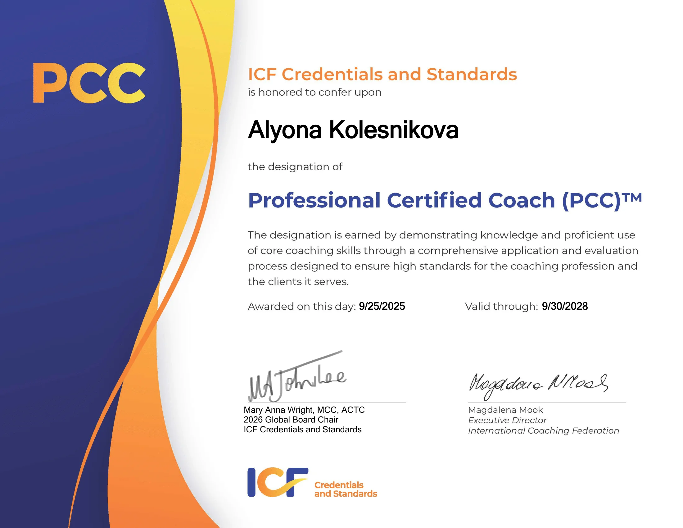 Professional Certified Coach (PCC) certificate